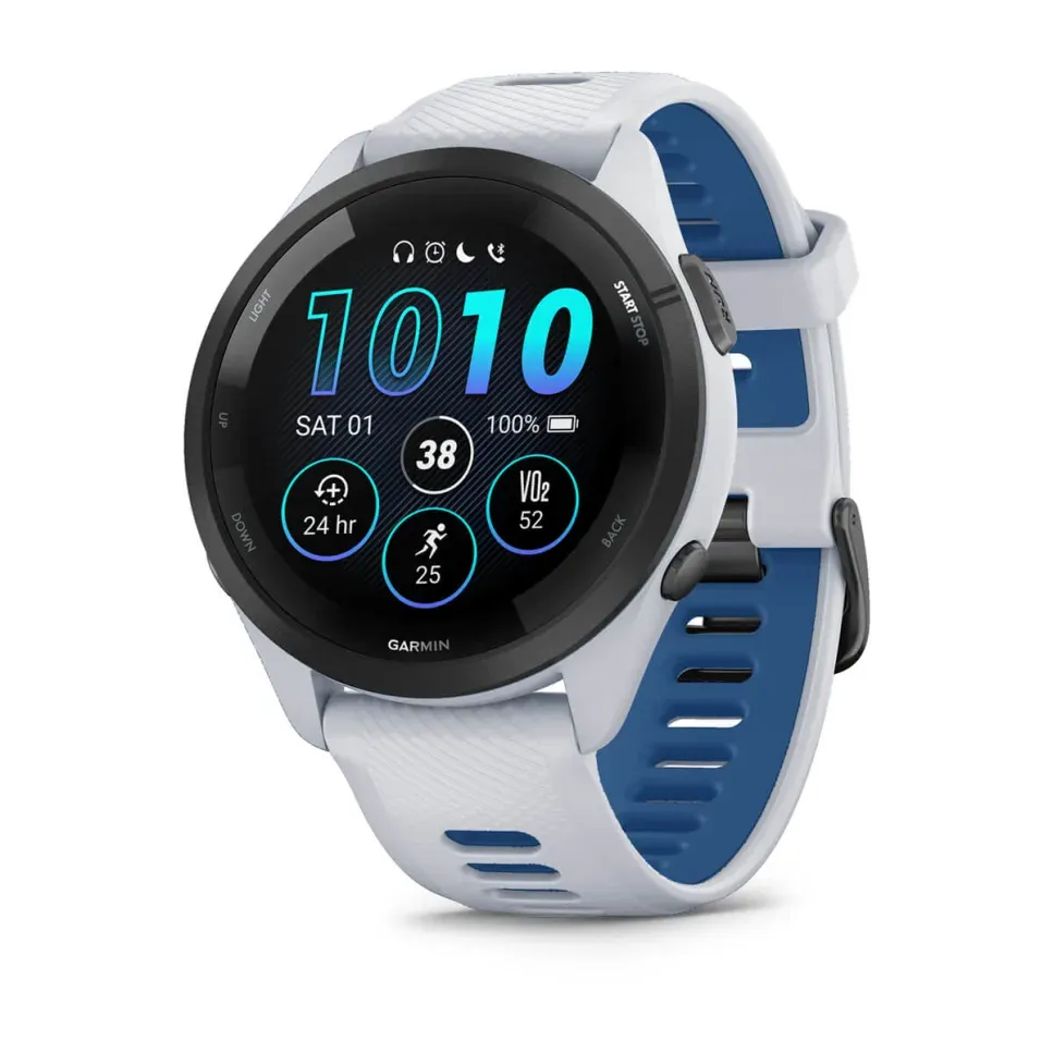 Garmin Forerunner 265 White Juodas korpusas su balto akmens korpusu ir balto akmens/navy blue silikoniniu laikrodžio dirželiu