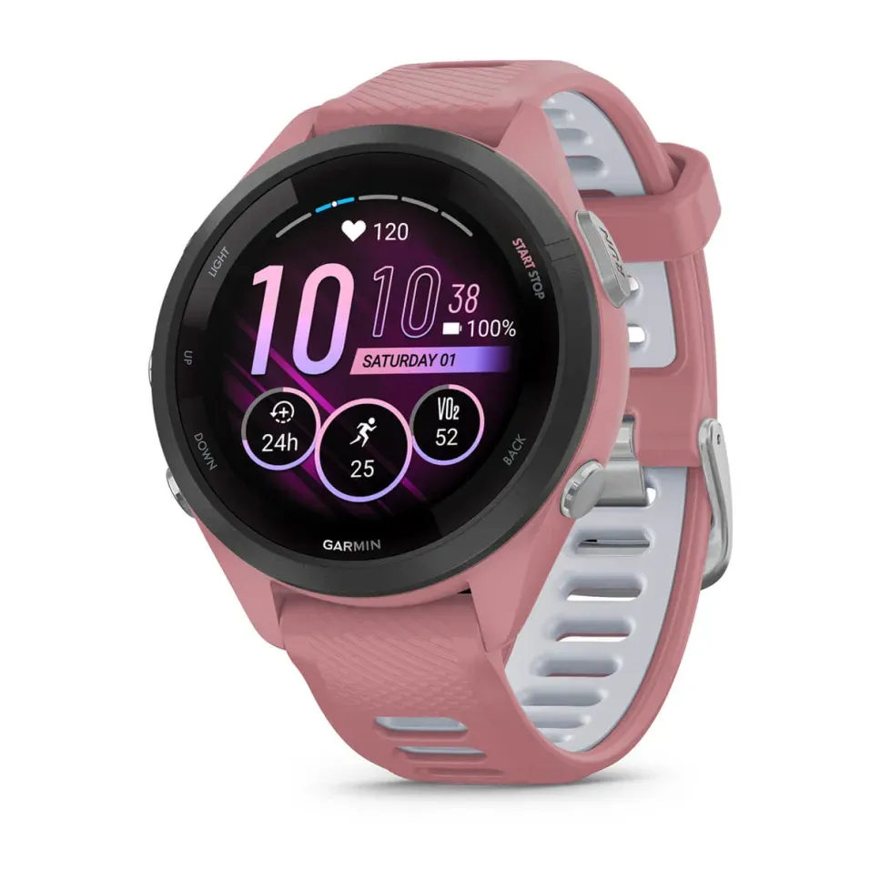 Garmin Forerunner 265S Pink Juodas korpusas su šviesiai rausvu dėklu ir šviesiai rausvu / dūmų pilkos spalvos silikoniniu laikrodžio dirželiu