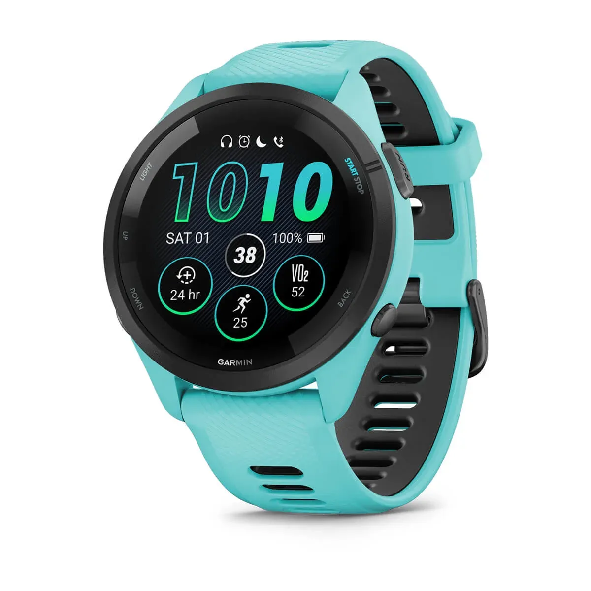 Garmin Forerunner 265 Aqua Juodas korpusas su vandens spalvos dėklu ir vandens spalvos/juodo silikono laikrodžio dirželiu