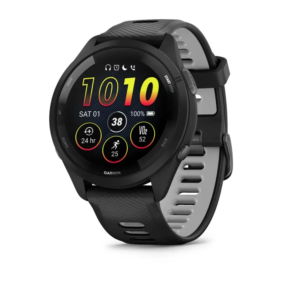 Garmin Forerunner 265 Black Juodas apvadas ir korpusas su juodu/dūmų pilkos spalvos silikoniniu laikrodžio dirželiu