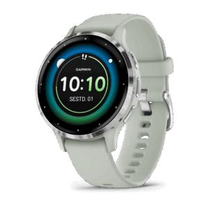 Garmin Venu 3S Sage Gray Passivated Sidabrinis nerūdijančio plieno korpusas su žalios ir pilkos spalvos korpusu ir silikoniniu laikrodžio dirželiu