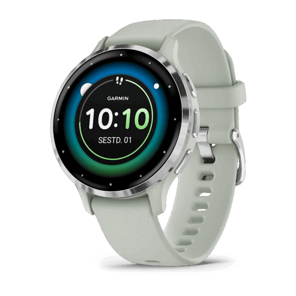 Garmin Venu 3S Sage Gray Passivated Sidabrinis nerūdijančio plieno korpusas su žalios ir pilkos spalvos korpusu ir silikoniniu laikrodžio dirželiu