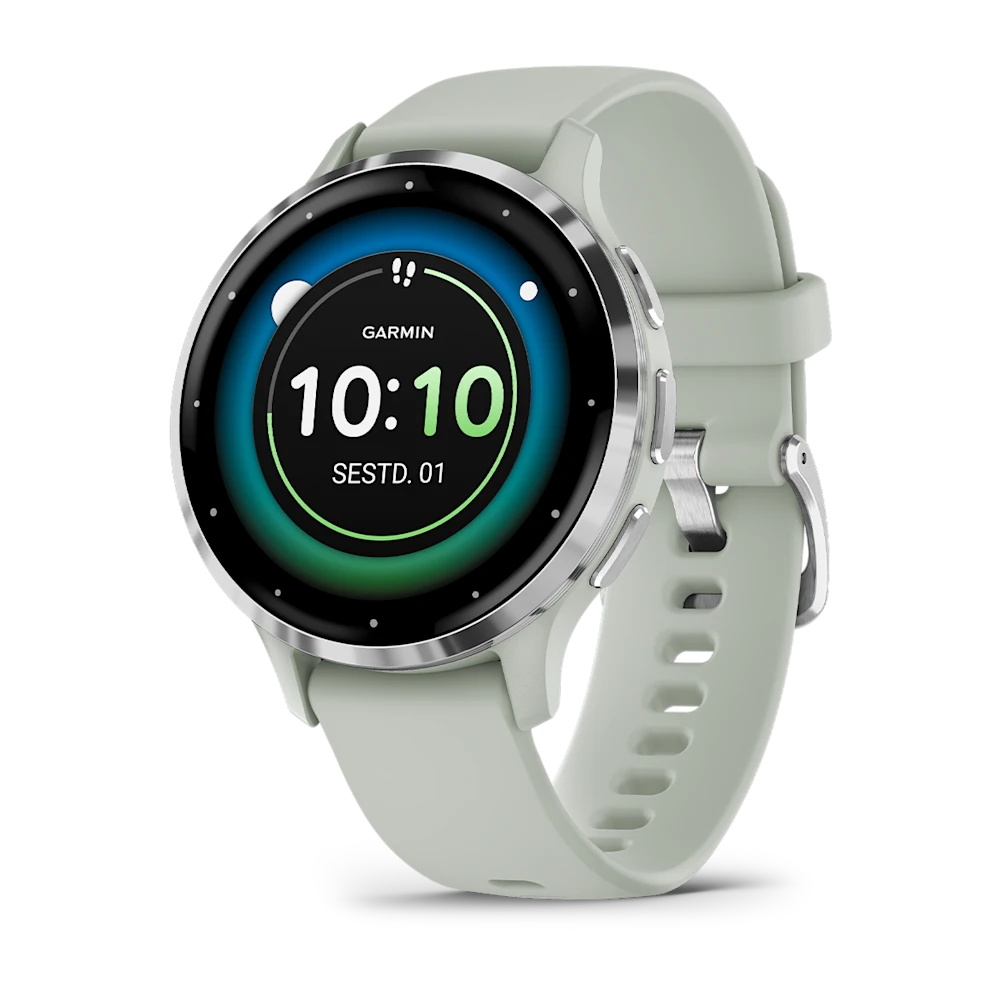 Garmin Venu 3S Sage Gray Passivated Sidabrinis nerūdijančio plieno korpusas su žalios ir pilkos spalvos korpusu ir silikoniniu laikrodžio dirželiu