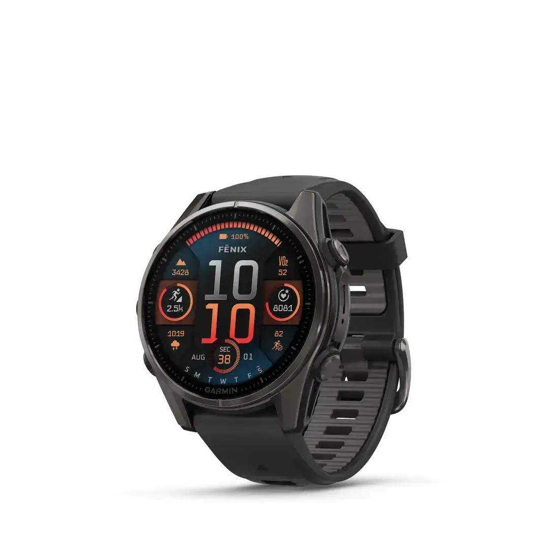 Garmin Fenix 8 AMOLED Sapphire Carbon Gray Black 43mm Medžio anglies pilkumo DLC titano danga su juodu dirželiu 43 mm