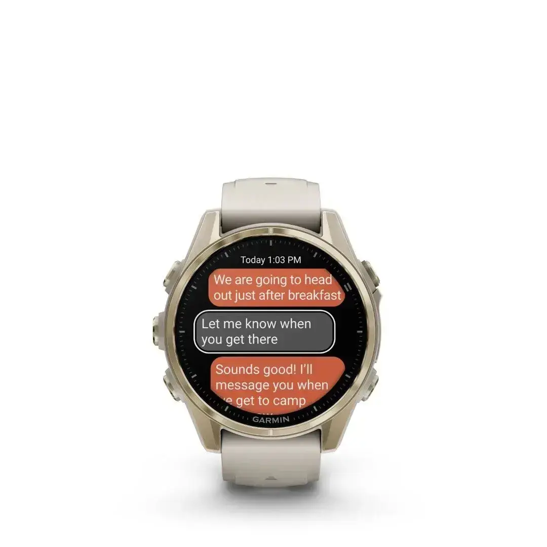 Garmin Fenix 8 AMOLED Sapphire Soft Gold Gray 43mm Minkštas auksas su pilku dirželiu