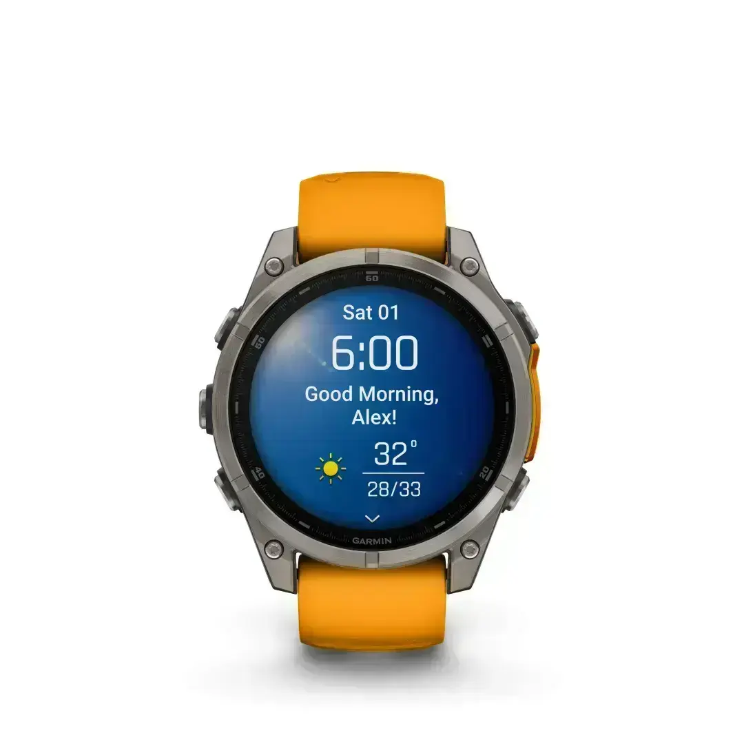 Garmin Fenix 8 AMOLED Sapphire Graphite Orange 51mm Titano su ryškiai oranžiniu dirželiu