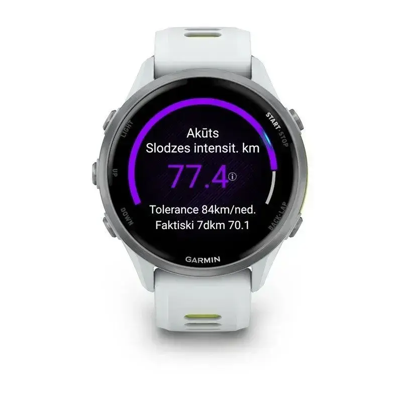 Garmin Forerunner 970 Whitestone Yellow Titano su baltu akmeniniu rėmeliu ir balto akmens / permatomo geltono stiprintuvo dirželiu