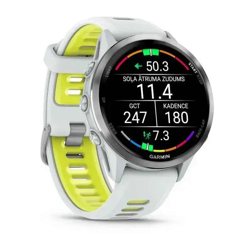 Garmin Forerunner 970 Whitestone Yellow Titano su baltu akmeniniu rėmeliu ir balto akmens / permatomo geltono stiprintuvo dirželiu