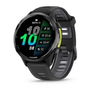 Garmin Forerunner 970 Titanium Black Anglies pilkos spalvos dlc titanas su juodu rėmeliu ir juodu / permatomu baltu akmeniniu dirželiu