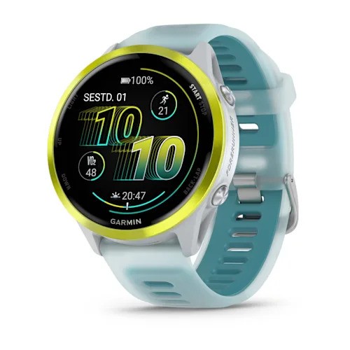 Garmin Forerunner 570 Amp Yellow 47mm Bananinės geltonos spalvos aliuminis su permatomu baltu akmeniniu / turkio spalvos dirželiu