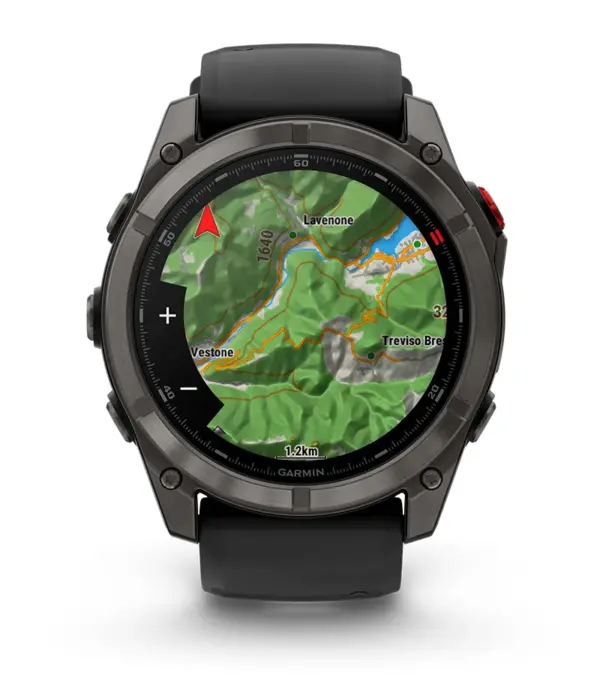 Garmin Fenix 8 Pro AMOLED Sapphire Titanium Graphite Black 47mm (Kopija) Pilkos anglies spalvos DLC titanas su juodos / pilkos akmenukų spalvos silikoniniu dirželiu