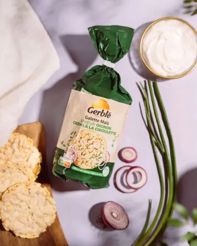 Gerblé kukurūzų galetės su svogūnų ir grietinėlės skoniu 123,5g Gerblé kukurūzų galetės su svogūnų ir grietinėlės skoniu 123,5g