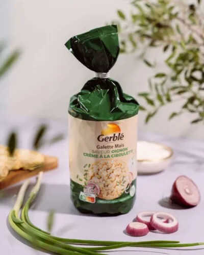 Gerblé kukurūzų galetės su svogūnų ir grietinėlės skoniu 123,5g Gerblé kukurūzų galetės su svogūnų ir grietinėlės skoniu 123,5g