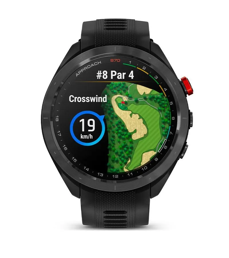Garmin Approach S70 47 mm Black/Red — Melns/sarkans keramikas ietvars ar melnu silikona siksniņu