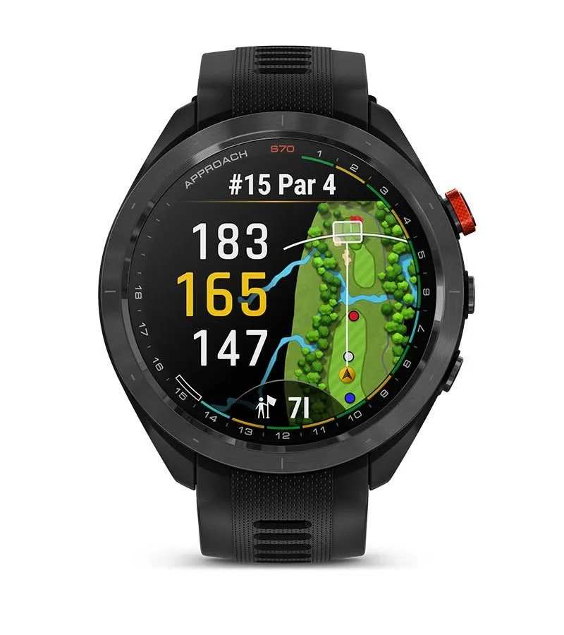 Garmin Approach S70 47 mm Black/Red — Melns/sarkans keramikas ietvars ar melnu silikona siksniņu
