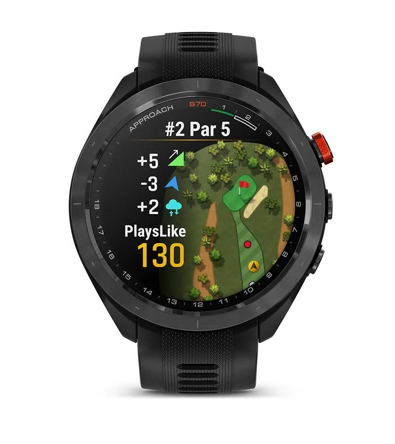 Garmin Approach S70 47 mm Black/Red — Melns/sarkans keramikas ietvars ar melnu silikona siksniņu