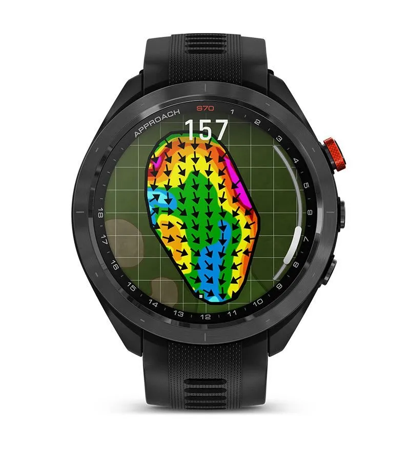 Garmin Approach S70 47 mm Black/Red — Melns/sarkans keramikas ietvars ar melnu silikona siksniņu